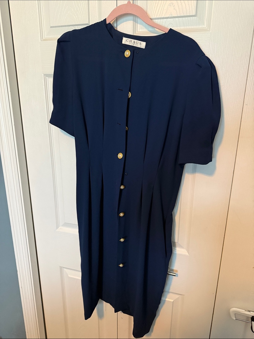 Chaus Navy Short-Sleeve Midi Dress with Gold Buttons